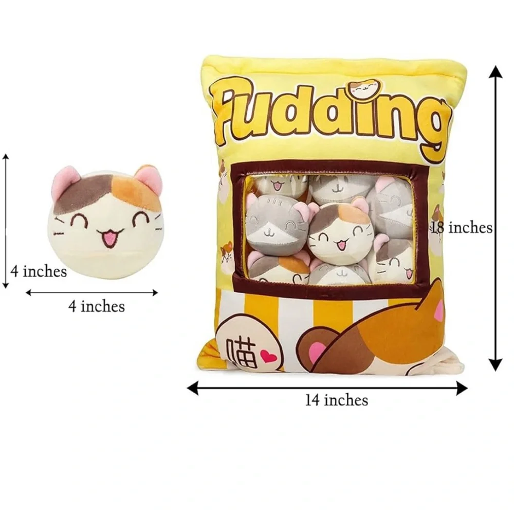 Pudding Cat Kawaii Plush Pillow with 8 Mini Stuffed Kitties Plush Toys
